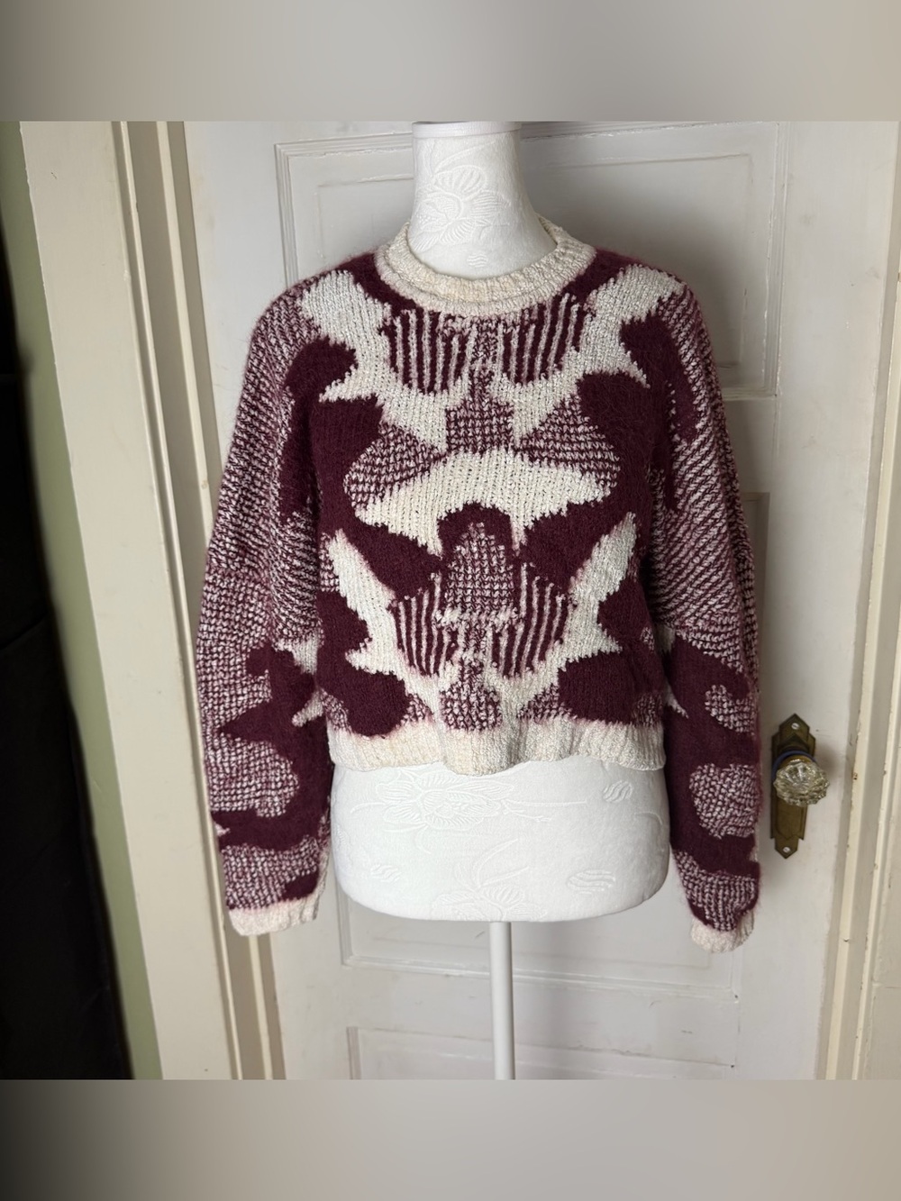 Ba&sh Rora Jacquard Cropped Knit Alpaca/Mohair Blend Sweater